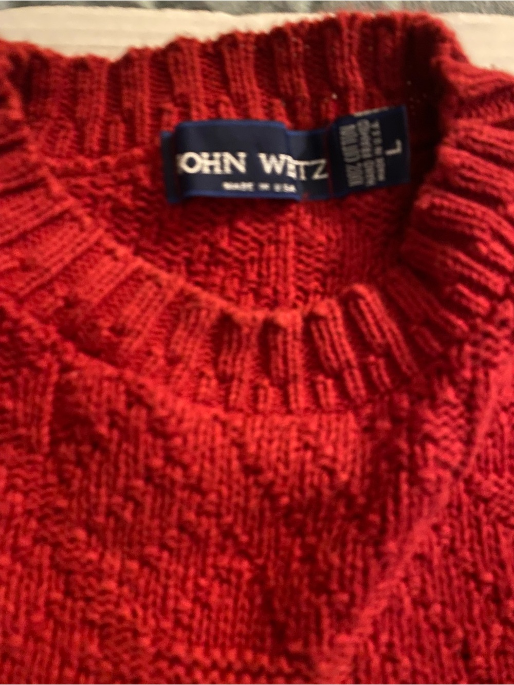 Vtg John Weitz Cherry Red Crewneck Sweater Size Large 100% Cotton Hand Framed